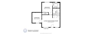 A floor plan for a home with a living room, dining room, and two bedrooms.