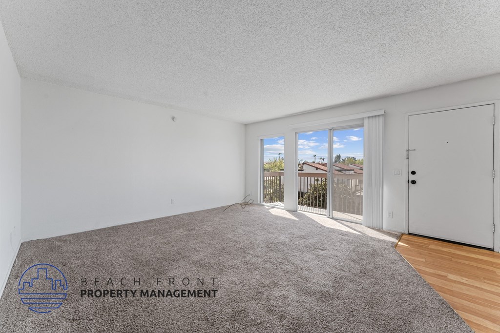 A room with a carpeted floor and a view of the outside through a glass door.