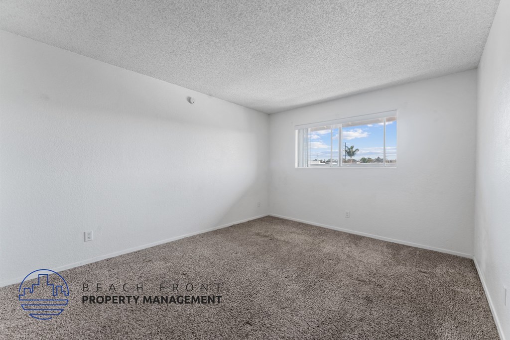 A room with a carpeted floor and a window showing a beach scene.