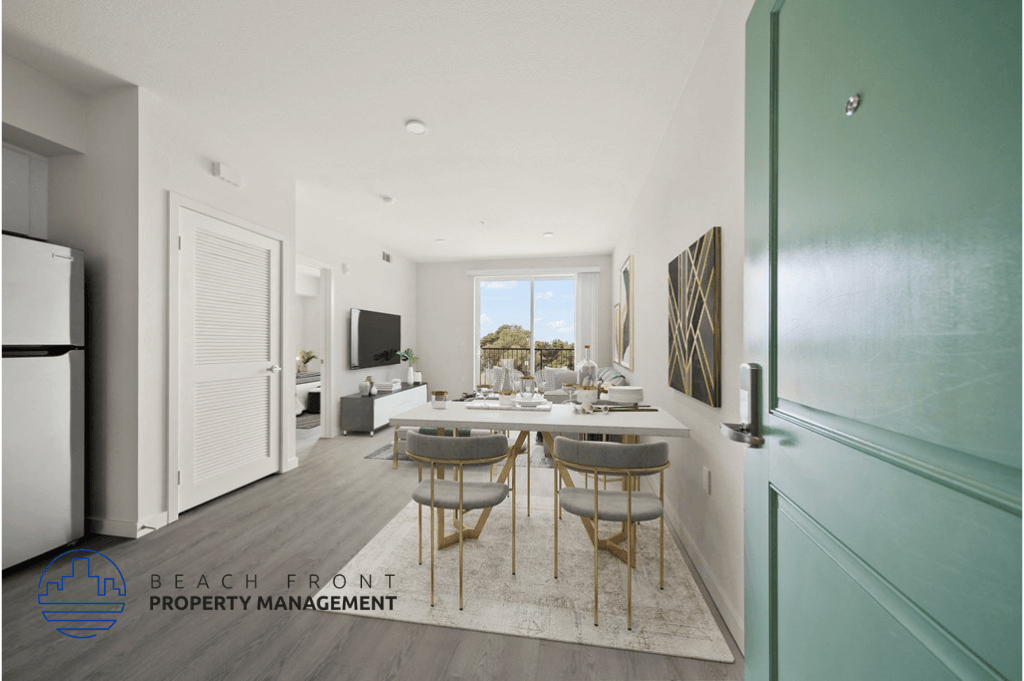 an artist rendering of a beachfront kitchen and living room with a table and chairs