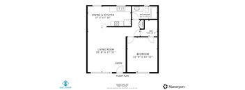 A floor plan of a living space with a dining and kitchen area, a living room, a bathroom, and a bedroom.