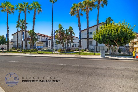 A street view with palm trees and a sign for Beach Front Property Management.