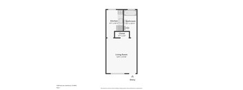 A floor plan of a property with a kitchen, bathroom, living room and entry.