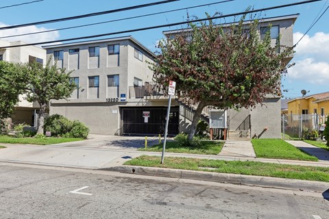 A tree with red leaves is in front of a grey building.