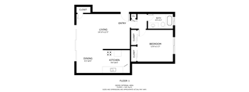 A black and white image of a floor plan for a one bedroom apartment.