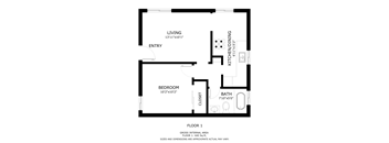 A black and white image of a floor plan for a small apartment.