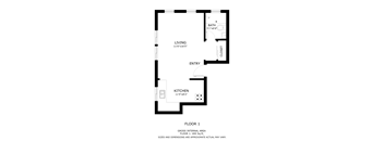 A black and white image of a floor plan for a one bedroom apartment.