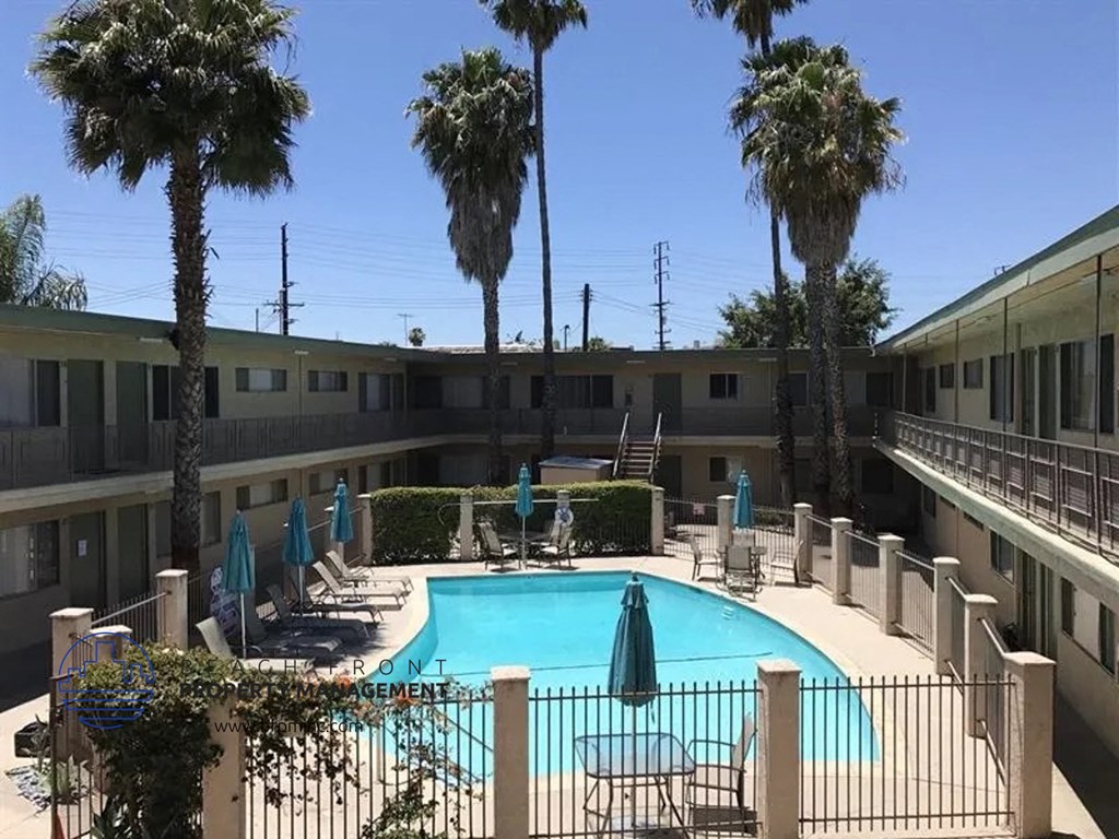a swimming pool with chairs and umbrellas and palm trees