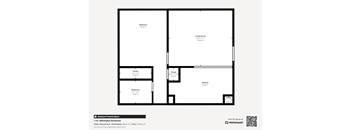 A floor plan of a property with a bedroom, living room, kitchen, bathroom and closet.