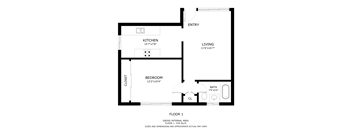 A black and white image of a floor plan for a one bedroom apartment.