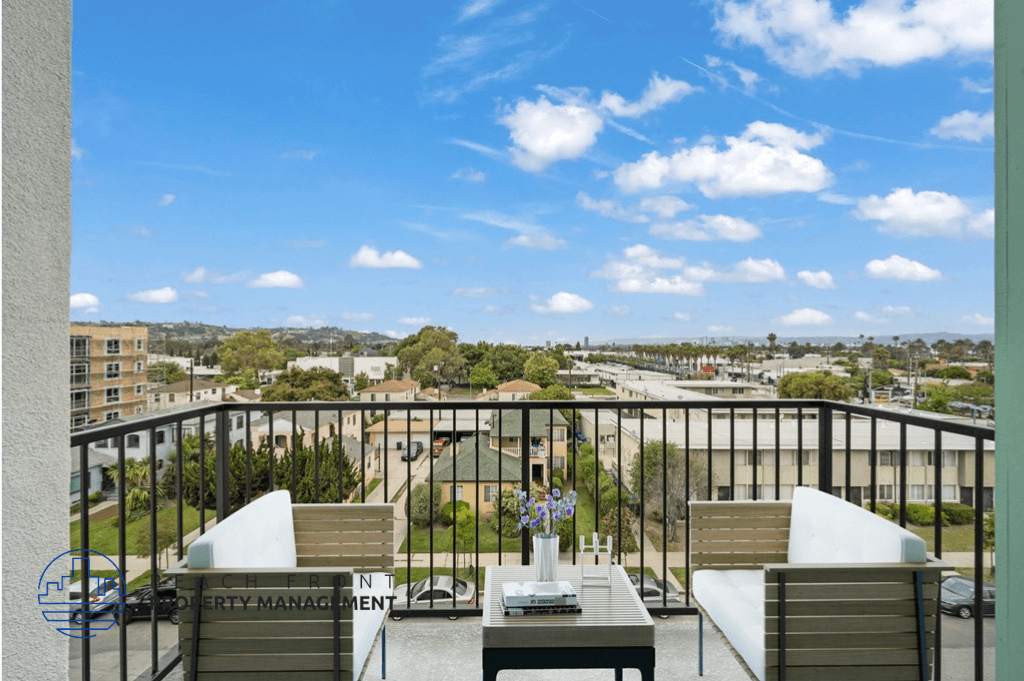 a rendering of a balcony with a view of the city