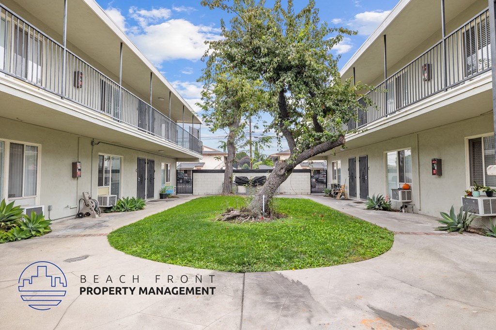 a courtyard between two buildings with a tree in the middle