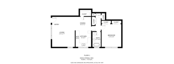 A black and white image of a floor plan for a one bedroom apartment.