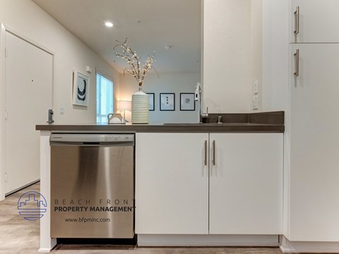 A modern kitchen with a stainless steel dishwasher and white cabinets.
