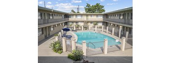 a view of a swimming pool in the middle of a building