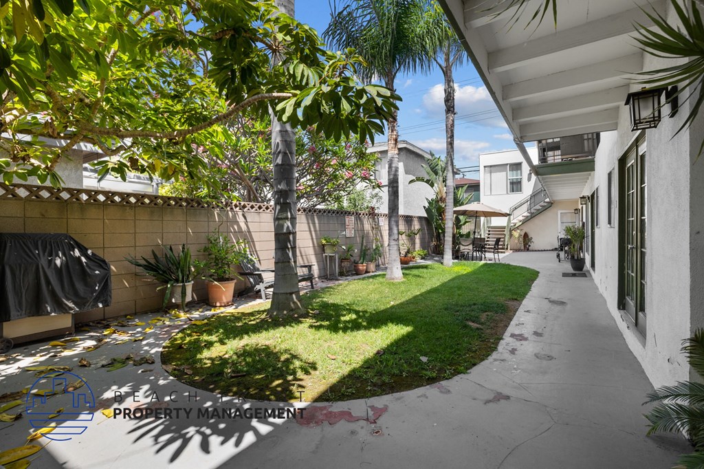 a courtyard with palm trees and a sidewalk