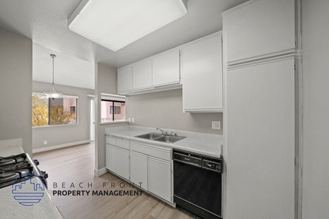a white kitchen with white cabinets and a black dishwasher