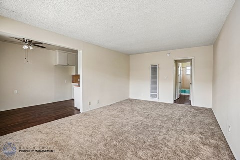 A spacious room with a carpeted floor and a ceiling fan.