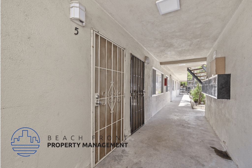 a view of the entrance to a building with a security gate