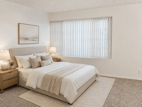 A bedroom with a large bed and two lamps on nightstands.