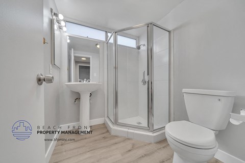 a bathroom with a shower and a toilet and a sink
