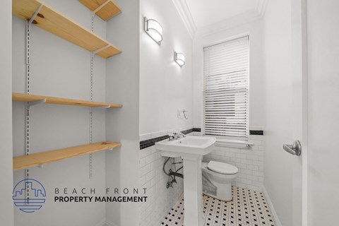 two views of a bathroom with a sink and a toilet
