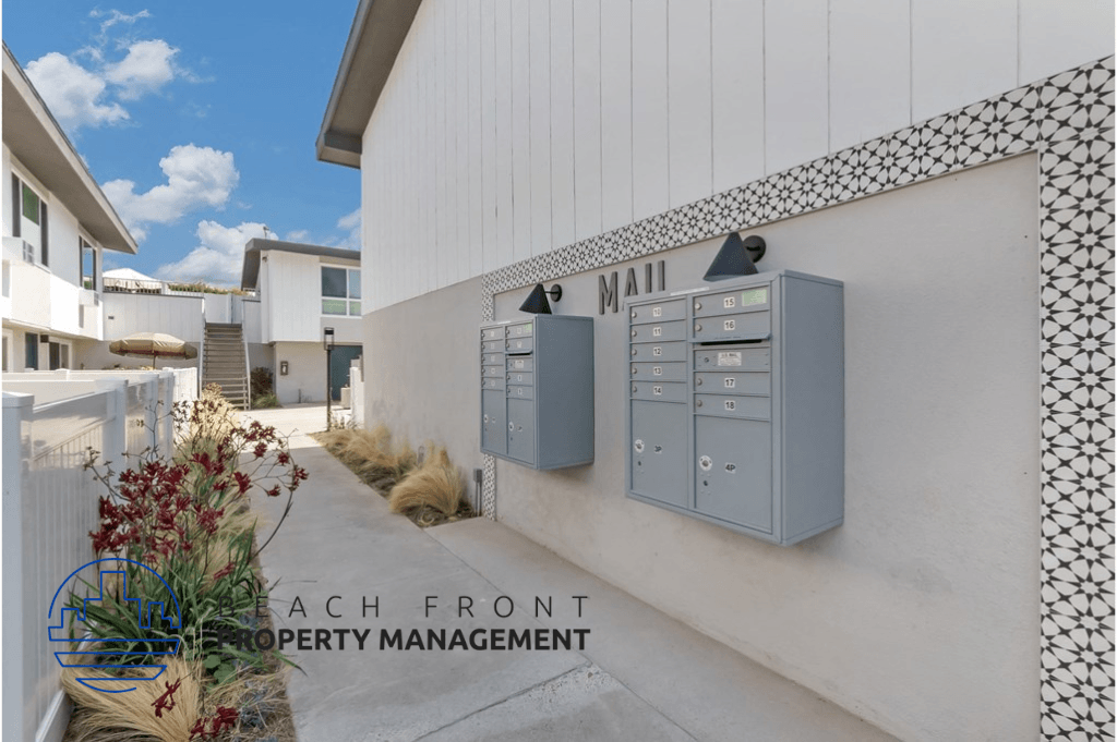 a view of a building with mailboxes on the side of it