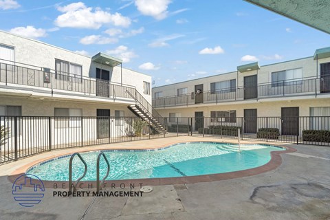 A pool with a logo that says Beach Front Property Management.