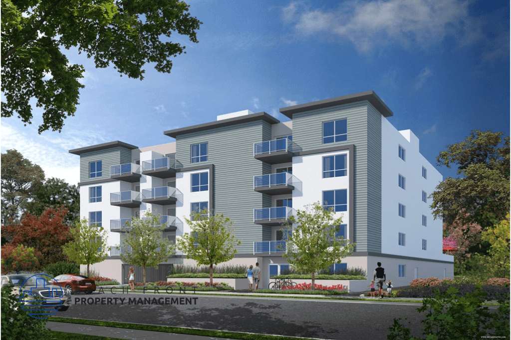 a rendering of a five story apartment building on a city street