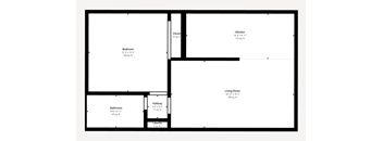 A floor plan of a house with a kitchen, living room, bedroom, bathroom, and hallway.