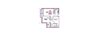 A floor plan of a house with a living room, two bedrooms, a kitchen, and a bathroom.