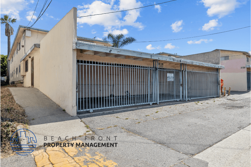 a garage door is closed in front of a building