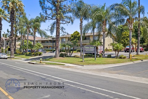 a view of the beach front property management sign on a street with palm trees