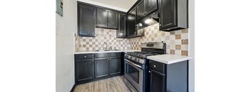 A kitchen with black cabinets and a checkered backsplash.