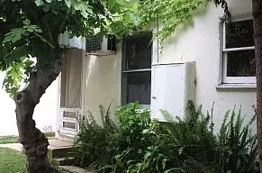 a white house with a window and a tree