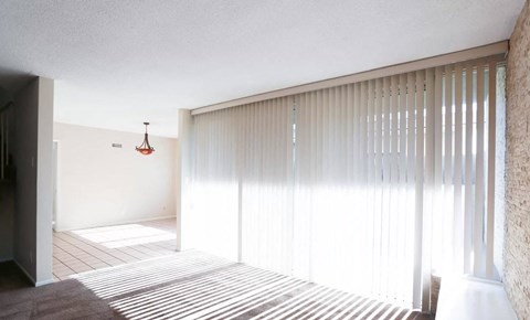 a living room with white blinds and a striped rug