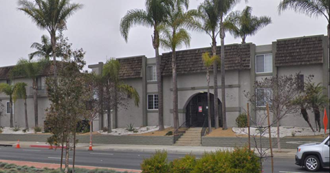 a building with palm trees in front of it on a street