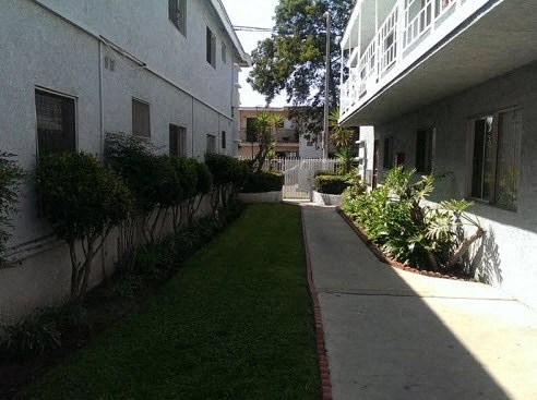 A long, narrow walkway between two buildings with green grass on either side.