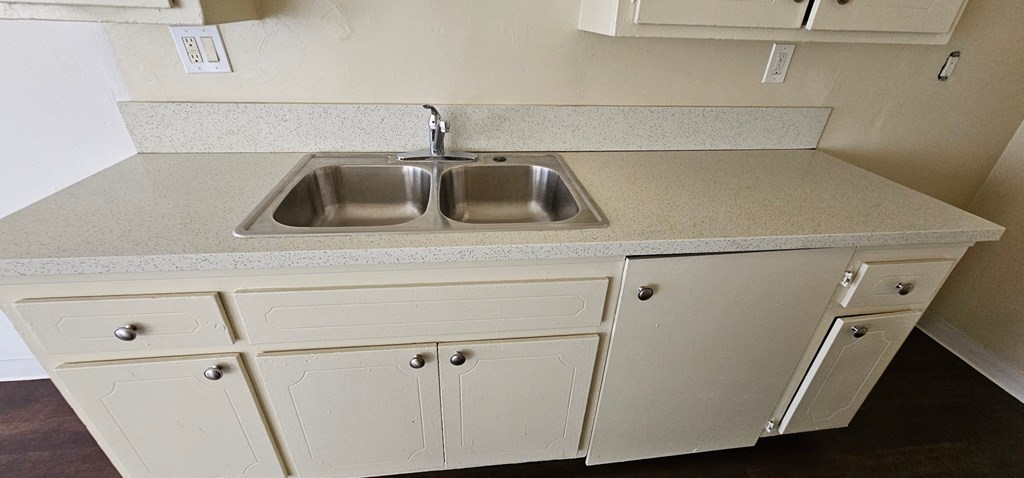 a kitchen with a sink and cupboards