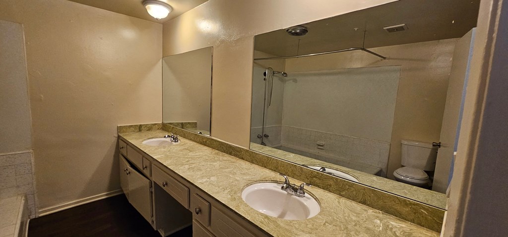 a bathroom with a large mirror and two sinks
