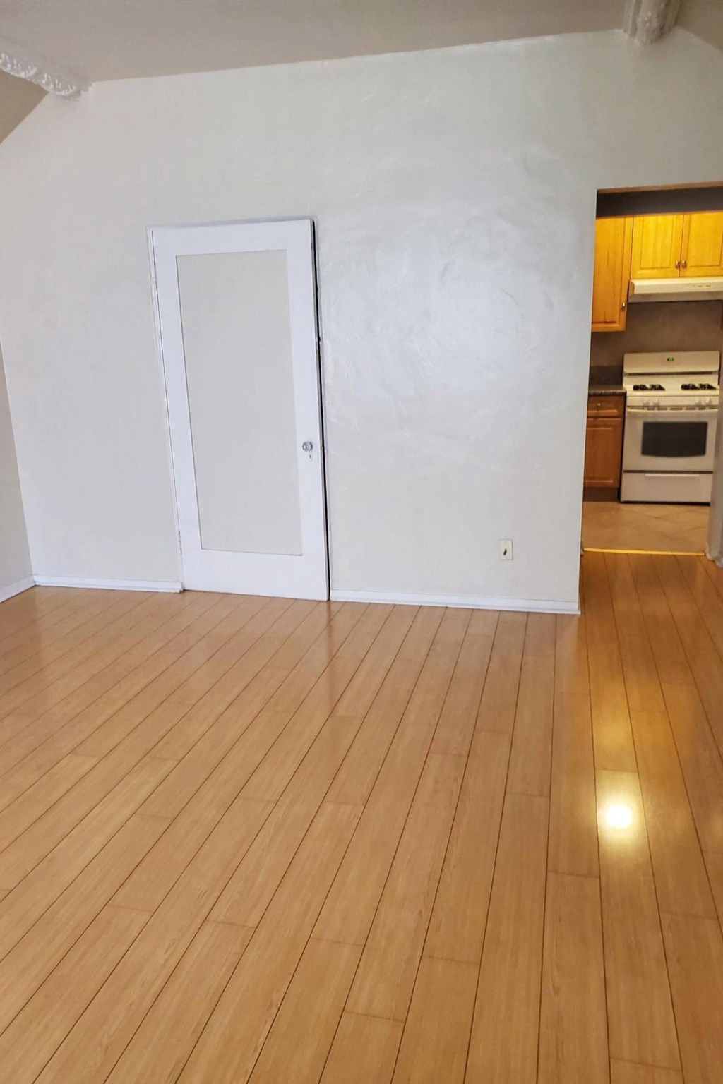 an empty living room with wooden floors and a white door