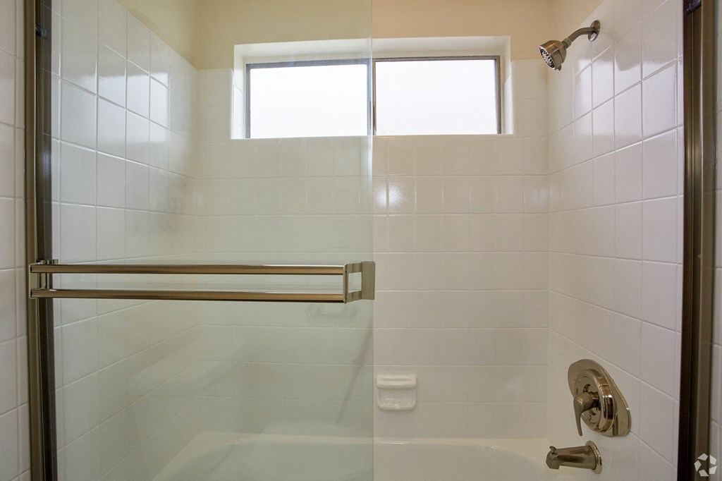 a bathroom with a shower and a bathtub