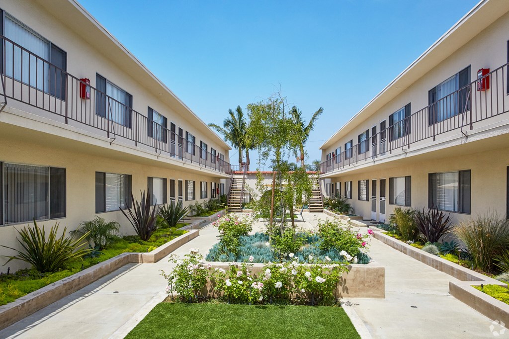 a courtyard with plants and trees in front of a building