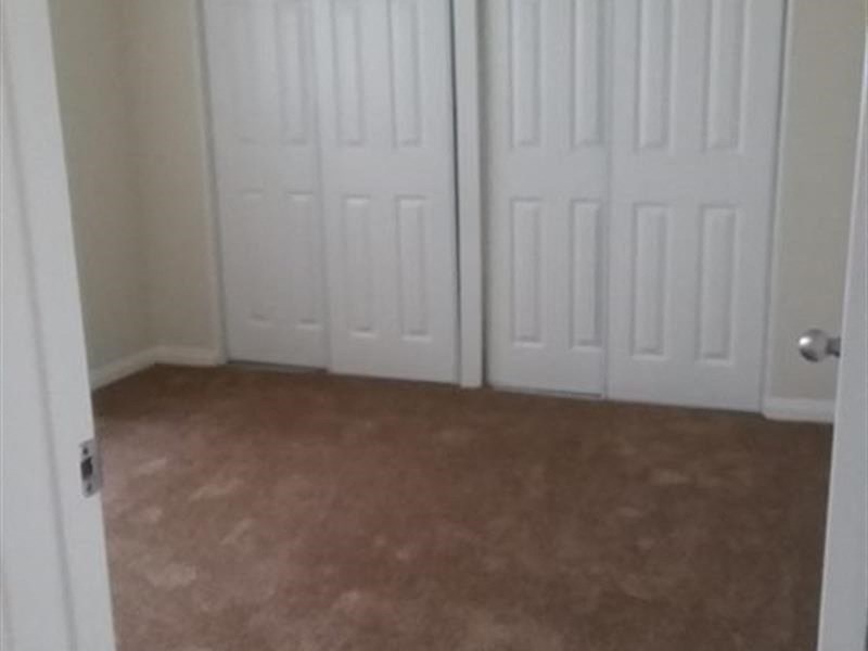a room with two white doors and a brown carpet