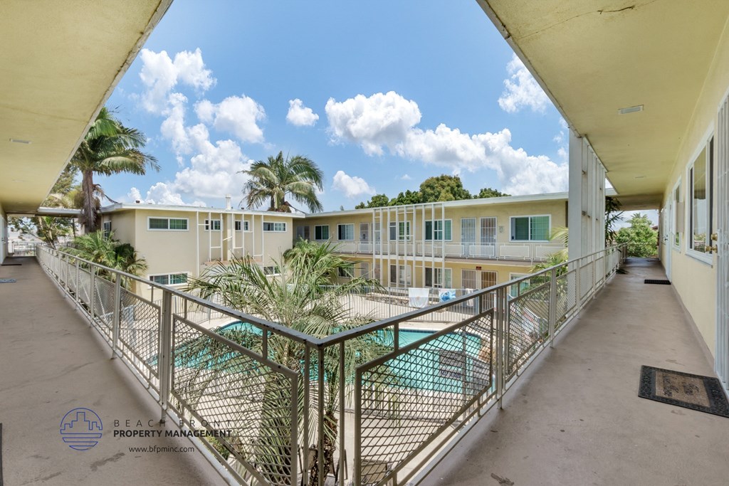 a view of the pool from the balcony