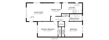 A black and white floor plan of a house with a living room, dining room, kitchen, two bedrooms, a bathroom, and storage space.