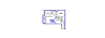 A blueprint of a house with a living room, kitchen, dining room, and two bedrooms.