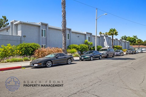 a row of cars parked on a street in front of a building