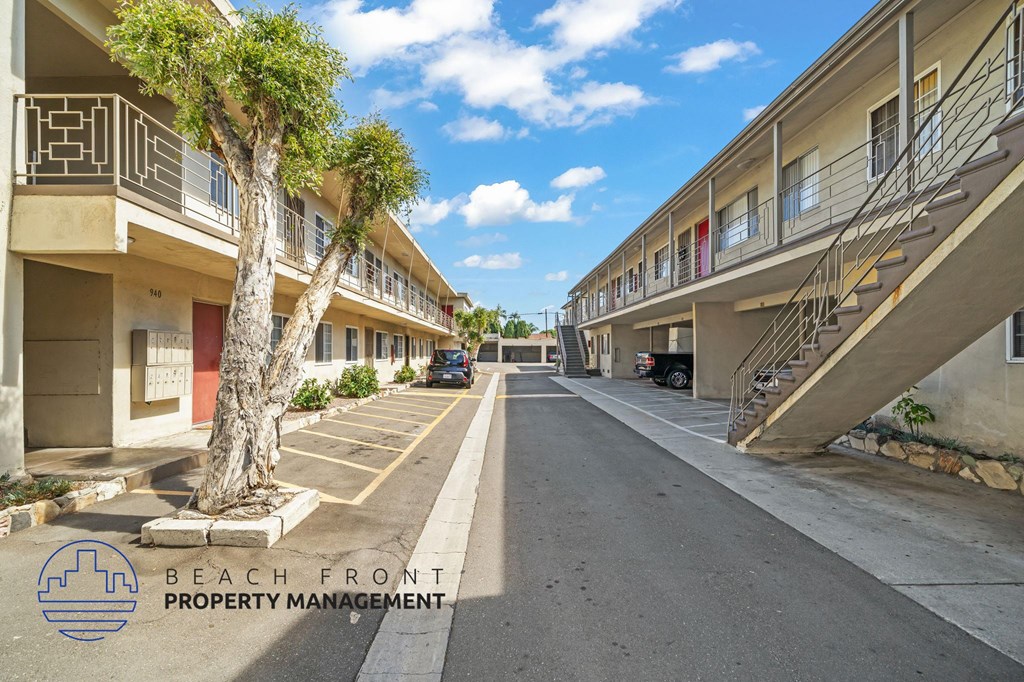 A tree in a planter stands on a sidewalk in front of a building with the words Beach Front Property Management on it.