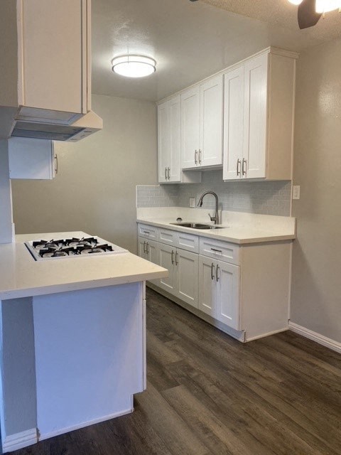 a kitchen with white cabinets and a stove and a sink